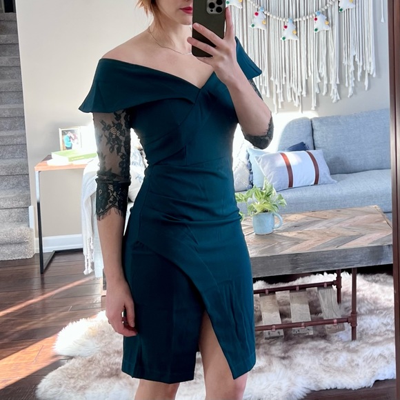 Off-the-shoulder Sheath/Column High Slit Dress Lime Green